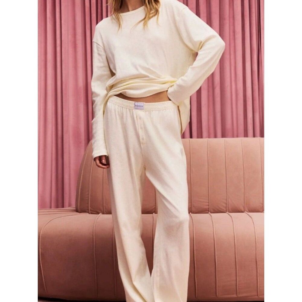 PARKE The Heart Pointelle Boxer Pant & The Heart Pointelle Long Sleeve in CREAM